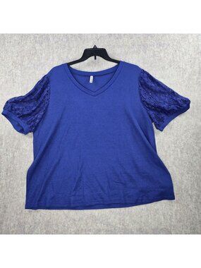 Olrik Womens Top Lace Sleeve Royal Blue Size 4X Polyester/Spandex V-Neck Blouse